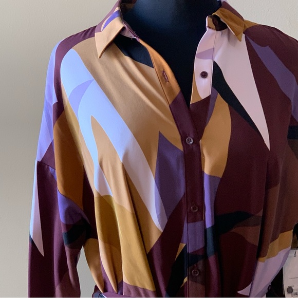 NINE WEST Shirtdress Large Plum Gold Long Sleeve Tie Belt NWT - Picture 6 of 13